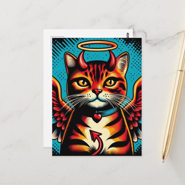 Postal Ángel Kitty del Diablo Cute con Wings Comic Book S (Anverso/Reverso In Situ)
