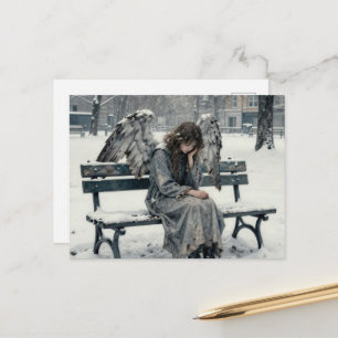 Postal Ángel melancólico en parque nevado dibujo a tinta