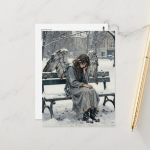 Postal Ángel melancólico en parque nevado dibujo a tinta