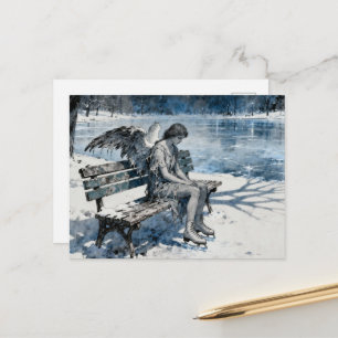 Postal Ángel melancólico en parque nevado patina en estan