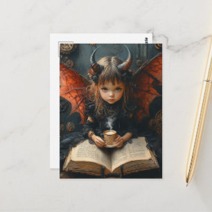 Postal Ángel oscuro con café y un libro