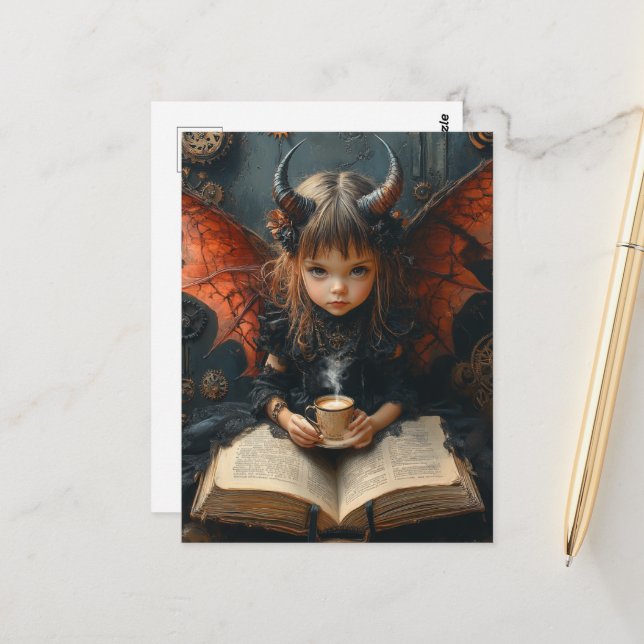 Postal Ángel oscuro con café y un libro (Anverso/Reverso In Situ)