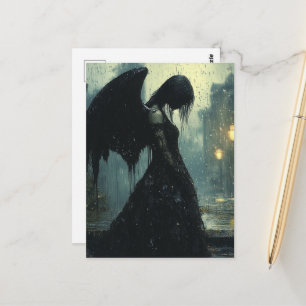 Postal Ángel oscuro triste en fantasía de lluvia