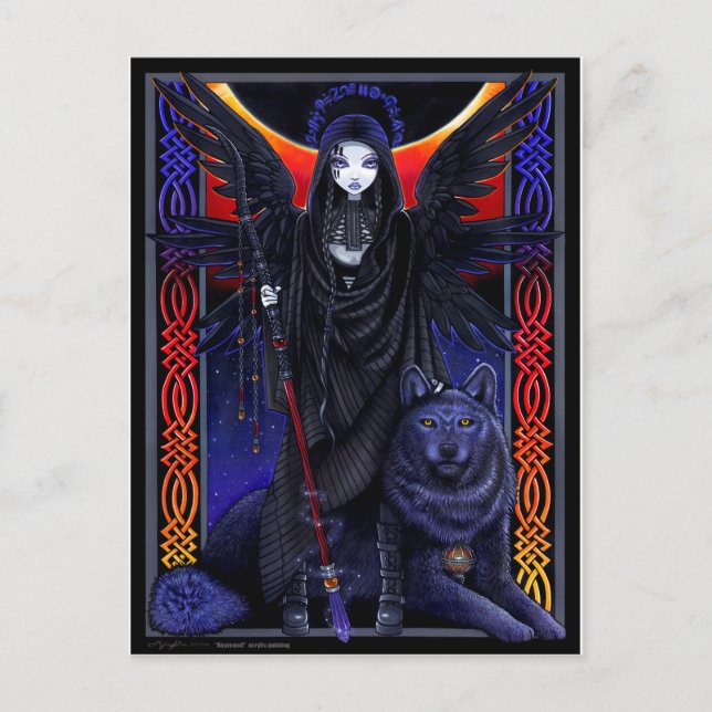 Postal Ángel oscuro y lobo. Rayvnwolf por Myka Jelina (Anverso)