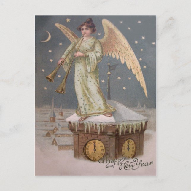 Postal Angel Querubín Cuerno Torre Reloj Luna Estrellas (Anverso)