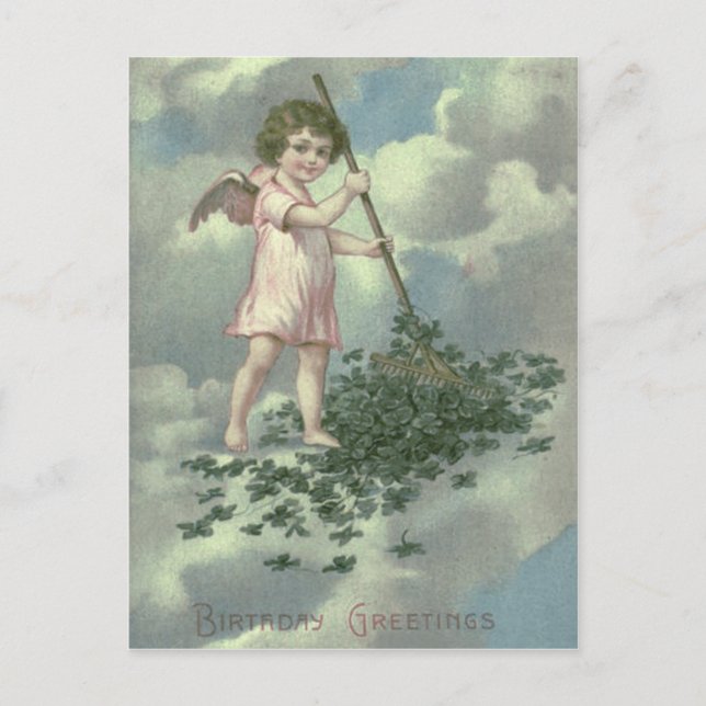 Postal Ángel Querubín Trébol de Cuatro Hojas Rastrillo (Anverso)