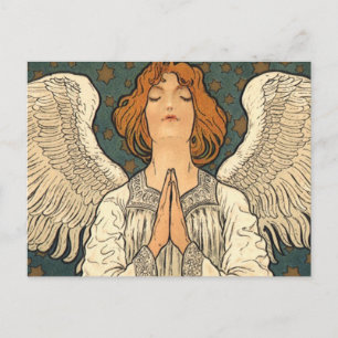 Postal Ángel religioso vintage que reza con estrellas dor