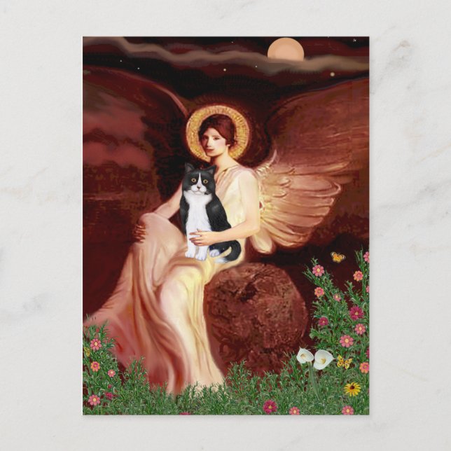 Postal Ángel Sentado - Gato Blanco y Negro (Anverso)