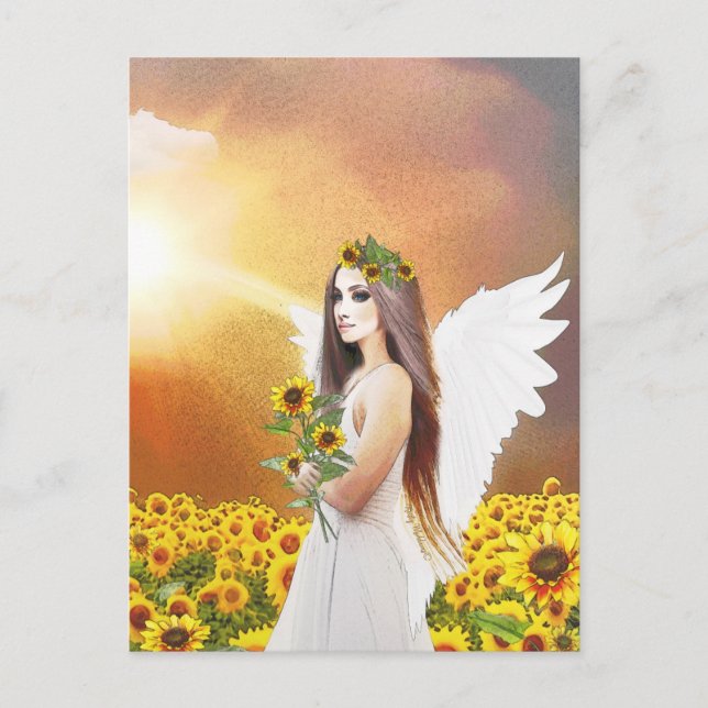 Postal Angel Sunflower Wings Yellow Otoño Hermoso Arte (Anverso)