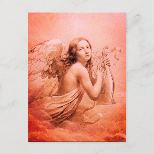 Postal ÁNGEL TOCANDO LA LIRA SOBRE LAS NUBES Matices rojo (Anverso)