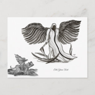 Postal Ángel Uriel con Golem, diseño blanco y negro