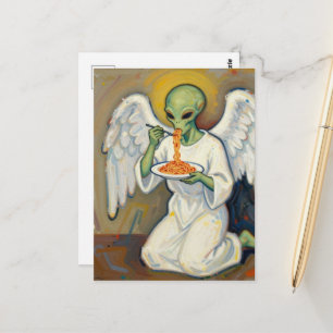 Postal Ángel Verde Alien Comiendo Espaguetis