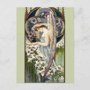 Postal Ángel Victoriano y flores de lirio de Pascua vinta