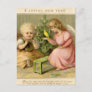 Postal Ángel Vintage Con Canario Feliz Año Nuevo