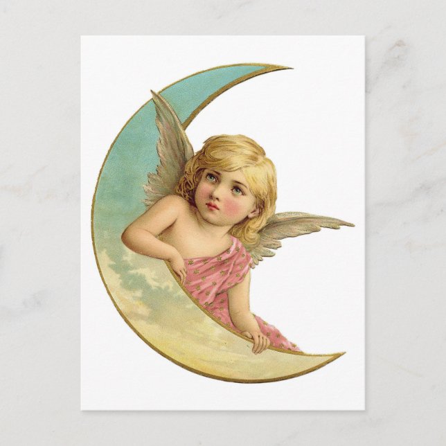 Postal Ángel vintage en la luna creciente (Anverso)