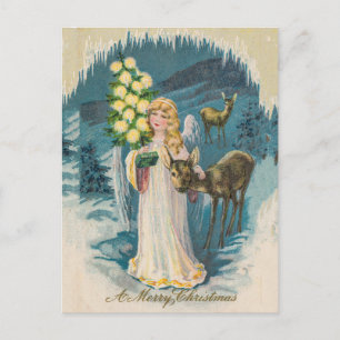 Postal Angel y Deers Feliz Navidad Vintage Holiday