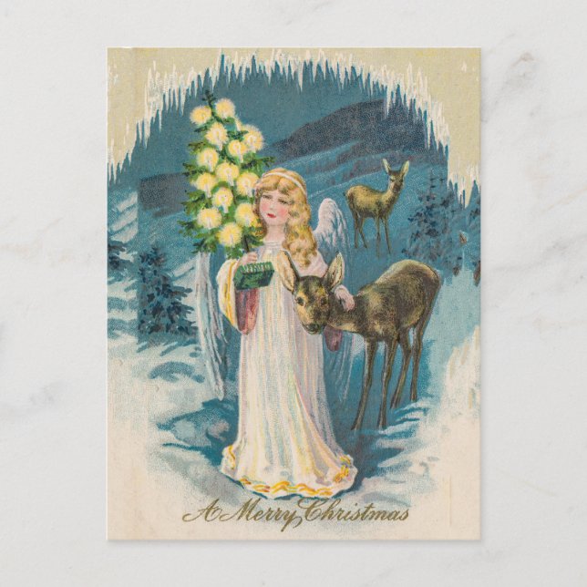 Postal Angel y Deers Feliz Navidad Vintage Holiday (Anverso)