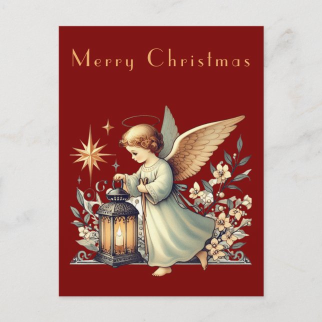 Postal Ángel y linterna de Navidad vintage (Anverso)