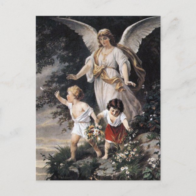 Postal Ángel y niños, pintura de The Guardian del vintage (Anverso)