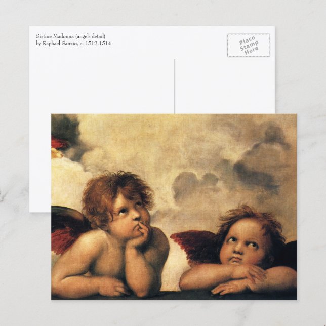 Postal Ángeles de la Madonna Sixtina por Rafael Sanzio (Anverso / Reverso)