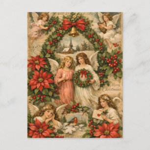 Postal Ángeles de Navidad vintage, Poinsettia, Bayas 