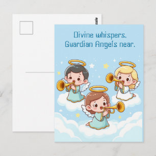 Postal Ángeles guardianes del árbol tocando trompetas 