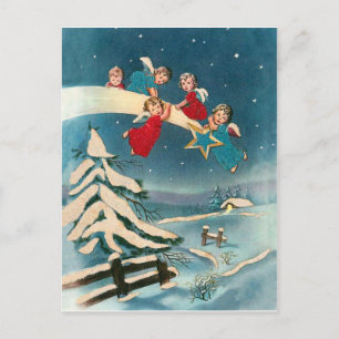 Postal Angelitos en estrella fugaz, saludo de Navidad
