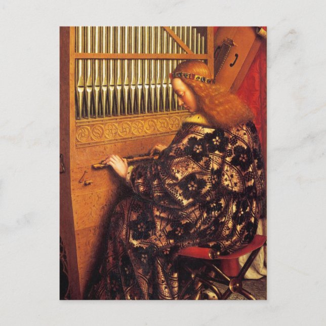 Postal ANGELS JUGANDO MÚSICA, detalle, pergamino (Anverso)