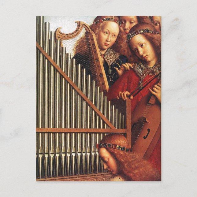 Postal ANGELS JUGANDO MÚSICA, detalle, pergamino (Anverso)