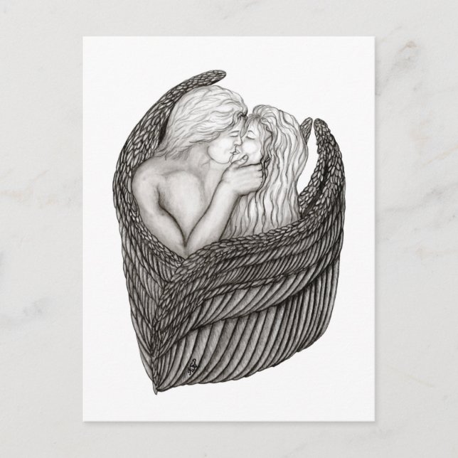 Postal Angels Kissing , diseño en blanco y negro (Anverso)
