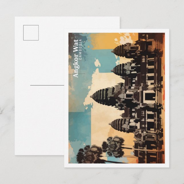 Postal Angkor Wat Cambodia Pop Art Ilustracion de viajes (Anverso / Reverso)