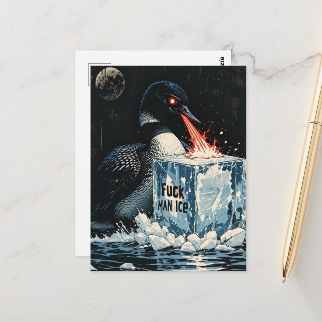 Postal Angry lazer eyes MN Loon melting ice Postcard (Anverso/Reverso In Situ)