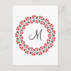 Postal Anillo de flores rojas Monograma personalizado ini