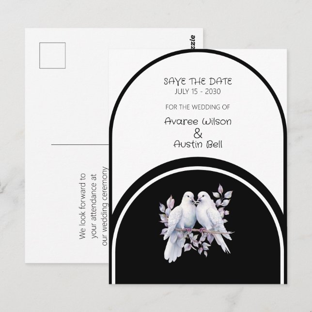 Postal Anillo de palomas negro y blanco arqueado (Anverso / Reverso)