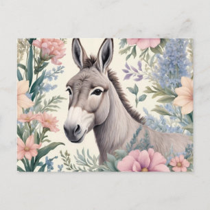 Postal Animación de granja con flores Donkey Pastel
