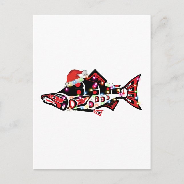 Postal Animal espiritual Haida Salmon con luces Navidades (Anverso)