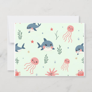 Postal Animales acuáticos Cute Kawaii Ocean Friends