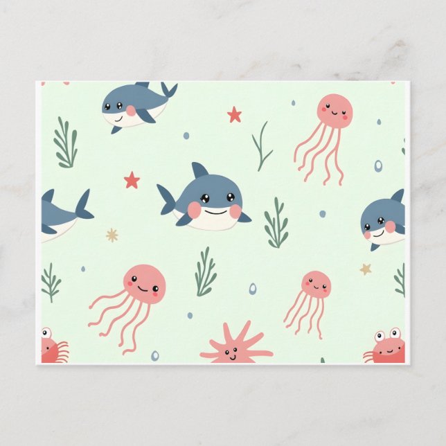 Postal Animales acuáticos Cute Kawaii Ocean Friends (Anverso)