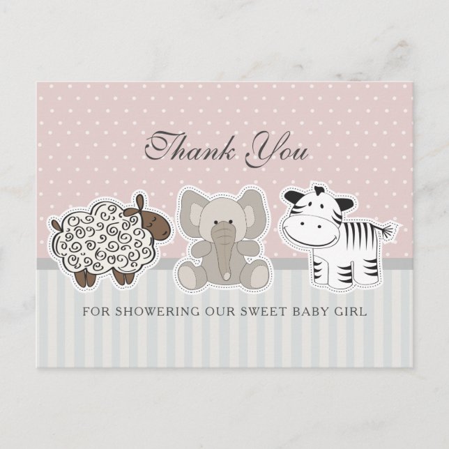 Postal Animales Bebés Cumple de Bebé Rosa Agradecimiento (Anverso)