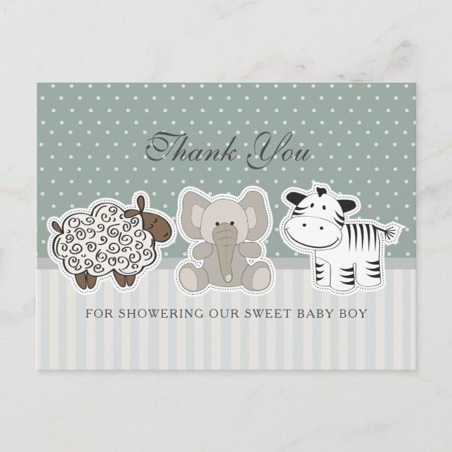 Postal Animales Bebés Cumple de Bebé Verde Agradecimiento (Anverso)