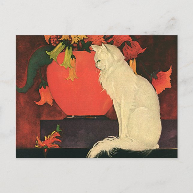 Postal Animales de época, gato blanco elegante, flores de (Anverso)