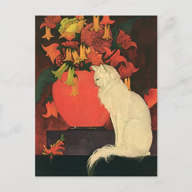 Postal Animales de época, gato blanco elegante, flores de (Anverso)