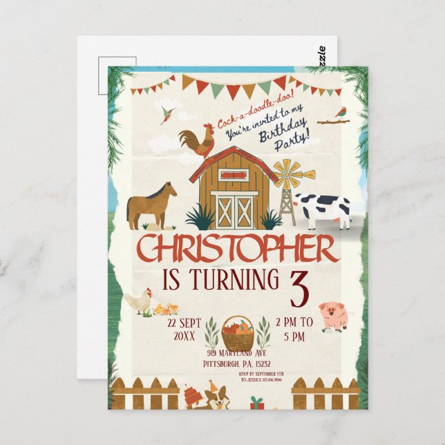 Postal Animales de granja Acuarela Moderno Primer Cumplea (Anverso / Reverso)