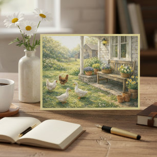 Postal Animales de granja de abril Flores de porche Arte 