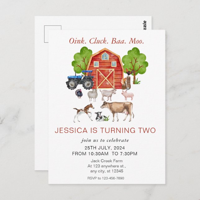 Postal Animales de granja en acuarela para cumpleaños de  (Anverso / Reverso)