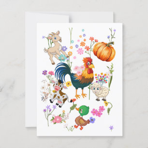 Postal Animales de granja y flores de bonito