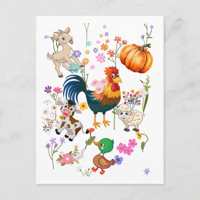Postal Animales de granja y flores de bonito (Anverso)