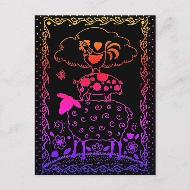 POSTAL ANIMALES DE LA GRANJA DE ARTE FOLLAR OVEJAS PIG RO (Anverso)