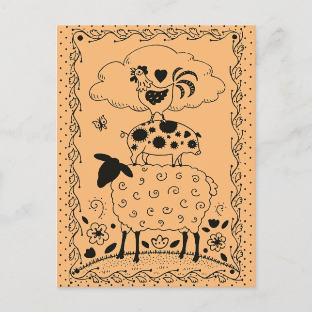 POSTAL ANIMALES DE LA GRANJA DE ARTE FOLLAR OVEJAS PIG RO (Anverso)