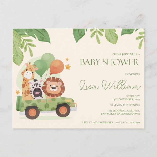 Postal Animales de Safari Cute invitan a Baby Shower (Anverso)